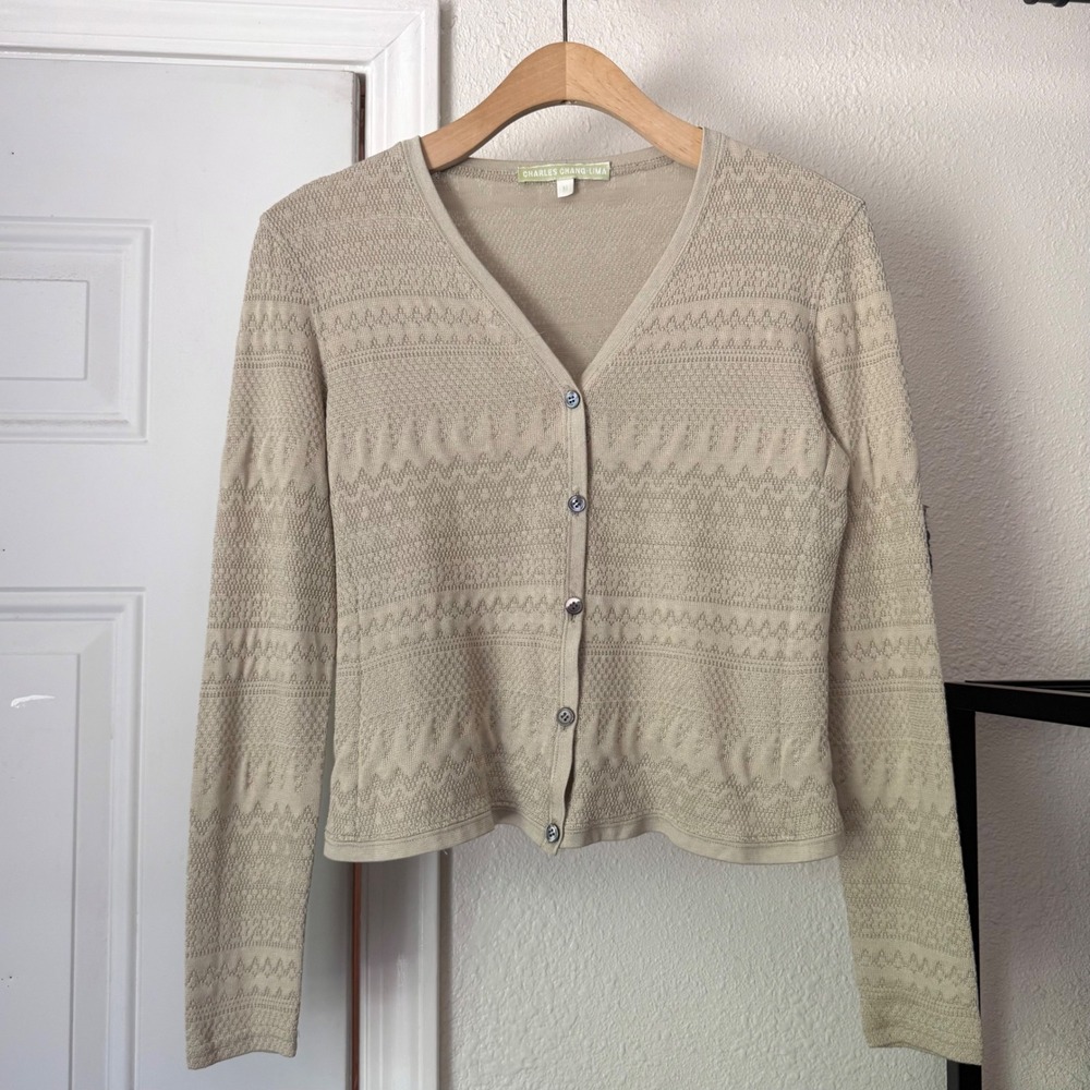 CHARLES CHANG-LIMA tan beige long sleeve button up cropped cardigan sweater